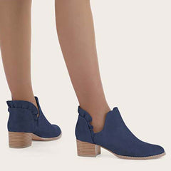 Ruffle Cutout Ankle Boots Slip on Chunky Stacked Heel Booties Oshnow