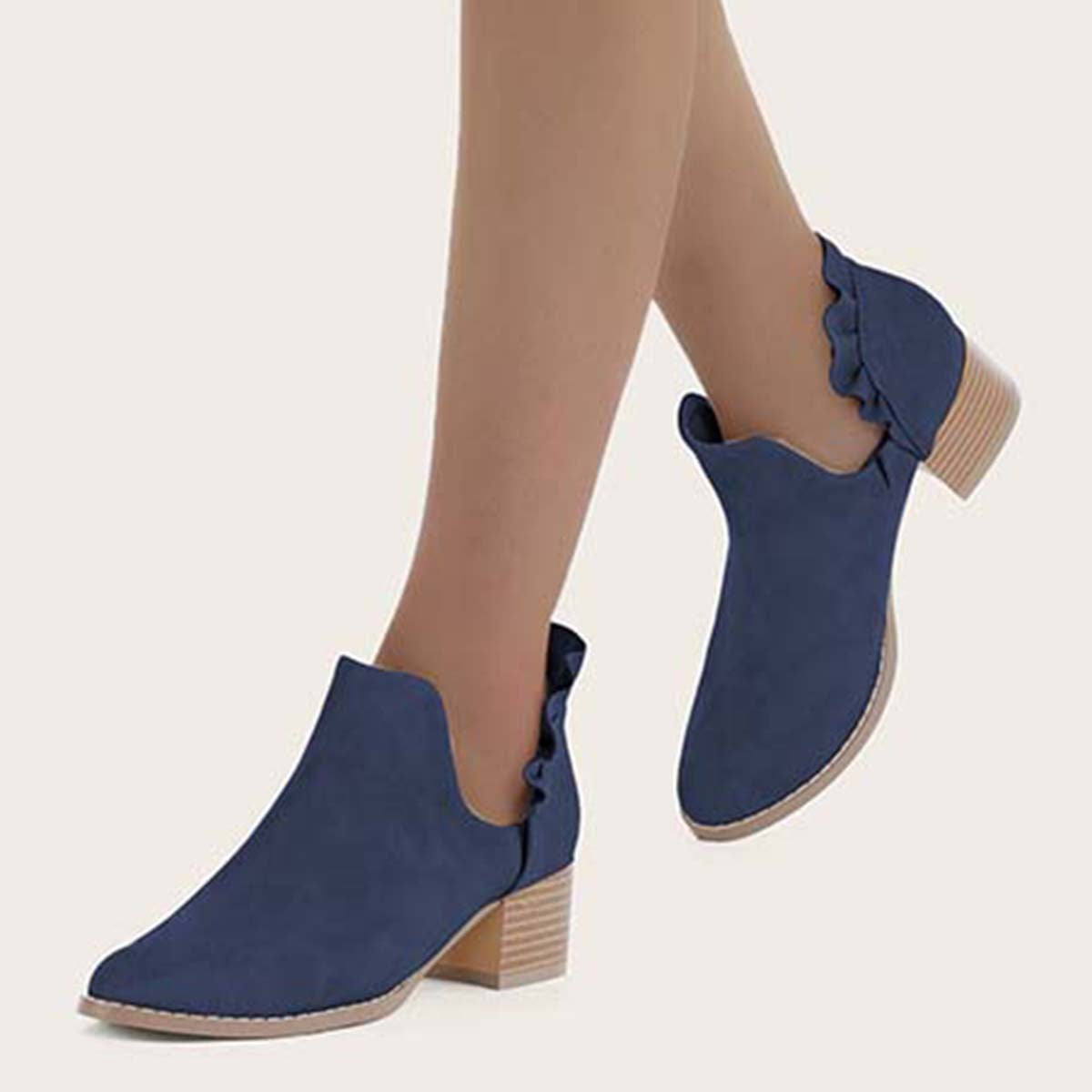 Ruffle Cutout Ankle Boots Slip on Chunky Stacked Heel Booties Oshnow