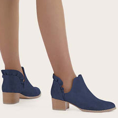 Ruffle Cutout Ankle Boots Slip on Chunky Stacked Heel Booties Oshnow