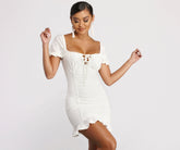 Ruffled Eyelet Puff Sleeve Mini Dress Oshnow
