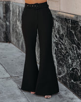 Runway Pocketed Belted Flare Trousers - Black Oshnow