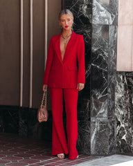 Runway Pocketed Belted Flare Trousers - Red Oshnow