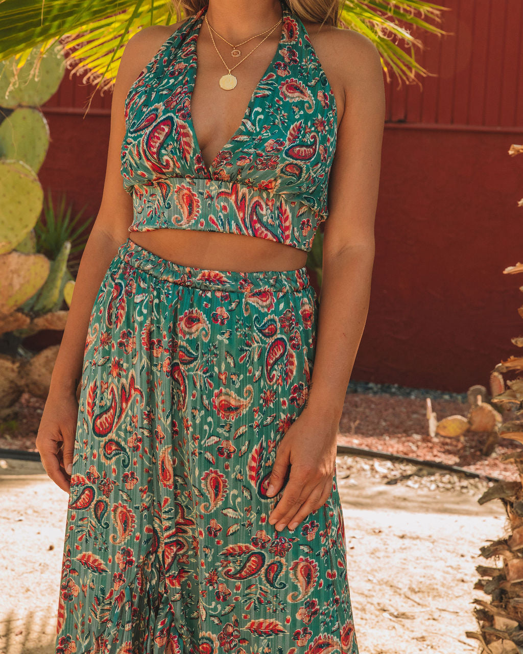 Salas Paisley Shimmer Halter Crop Top Oshnow