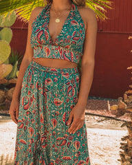 Salas Paisley Shimmer Halter Crop Top Oshnow