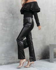 Sandra Faux Leather Split Hem Pants - Black Oshnow