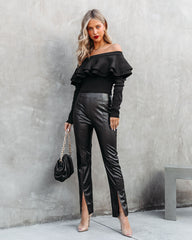 Sandra Faux Leather Split Hem Pants - Black Oshnow