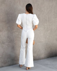 Sarah Denim Puff Sleeve Flare Jumpsuit - White Oshnow