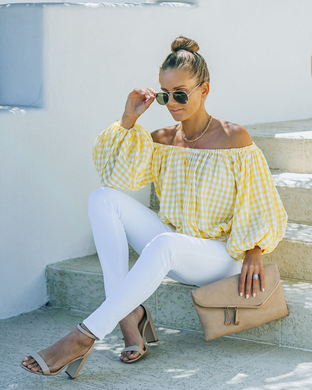 Saskia Gingham Off The Shoulder Blouse Oshnow