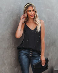 Satin And Pearls Cami Tank - Black Oshnow