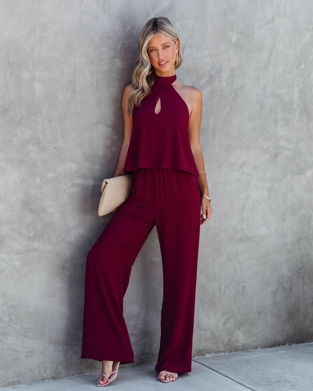 Saturday Night Fever Halter Pocketed Jumpsuit - Wine Oshnow