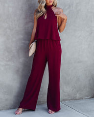 Saturday Night Fever Halter Pocketed Jumpsuit - Wine Oshnow