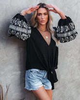 Sav Embroidered Swiss Dot Balloon Sleeve Tie Top Oshnow