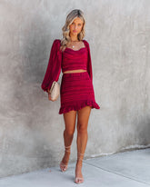 Scarlett Textured Ruffle Mini Skirt - Burgundy Oshnow