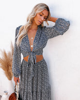 Scenery Printed Tie Front Crop Blouse - Navy Oshnow