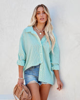 Sebastian Cotton Blend Striped Button Down Top - Green Oshnow
