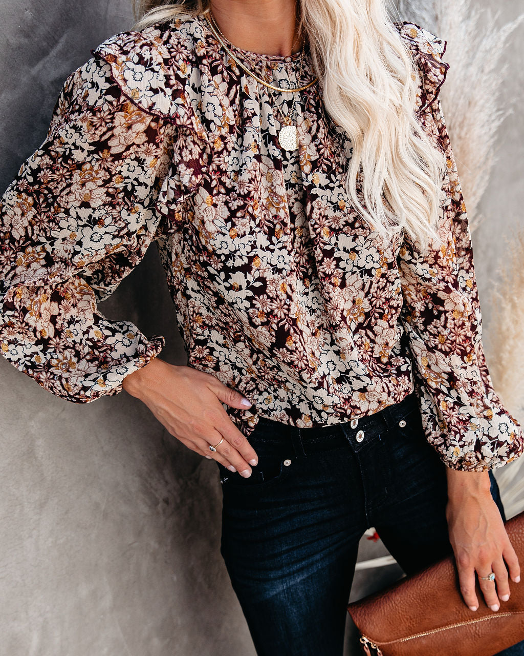 See The Sun Floral Metallic Ruffle Blouse Oshnow