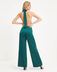 Selena Satin Criss Cross Halter Jumpsuit - Hunter Green Oshnow