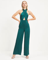 Selena Satin Criss Cross Halter Jumpsuit - Hunter Green Oshnow