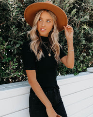 September Mock Neck Ribbed Knit Top - Black Oshnow