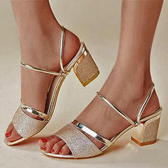Sequin Hollow Out Chunky Heel Sandals Oshnow