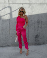 Setting Trends Satin Pocketed Straight Leg Pants - Fuchsia Oshnow