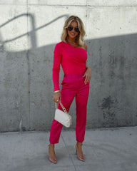 Setting Trends Satin Pocketed Straight Leg Pants - Fuchsia Oshnow