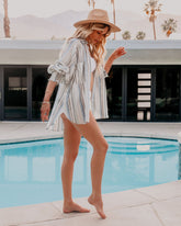 Seville Cotton Pocketed Striped Button Down Top - Blue Oshnow