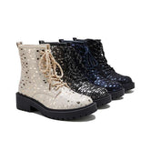 Sexy Sequin Lace-Up Ankle Chunky Heel Boots Oshnow