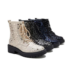Sexy Sequin Lace-Up Ankle Chunky Heel Boots Oshnow