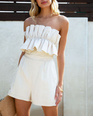 Shelly Cotton Linen Blend Pocketed Strapless Romper - Beige Oshnow