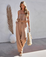 Shore Thing Babe Strapless Pocketed Frayed Hem Jumpsuit - Mocha Oshnow