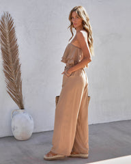 Shore Thing Babe Strapless Pocketed Frayed Hem Jumpsuit - Mocha Oshnow