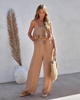 Shore Thing Babe Strapless Pocketed Frayed Hem Jumpsuit - Mocha Oshnow