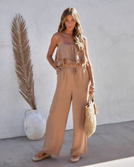 Shore Thing Babe Strapless Pocketed Frayed Hem Jumpsuit - Mocha Oshnow