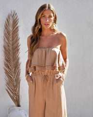 Shore Thing Babe Strapless Pocketed Frayed Hem Jumpsuit - Mocha Oshnow