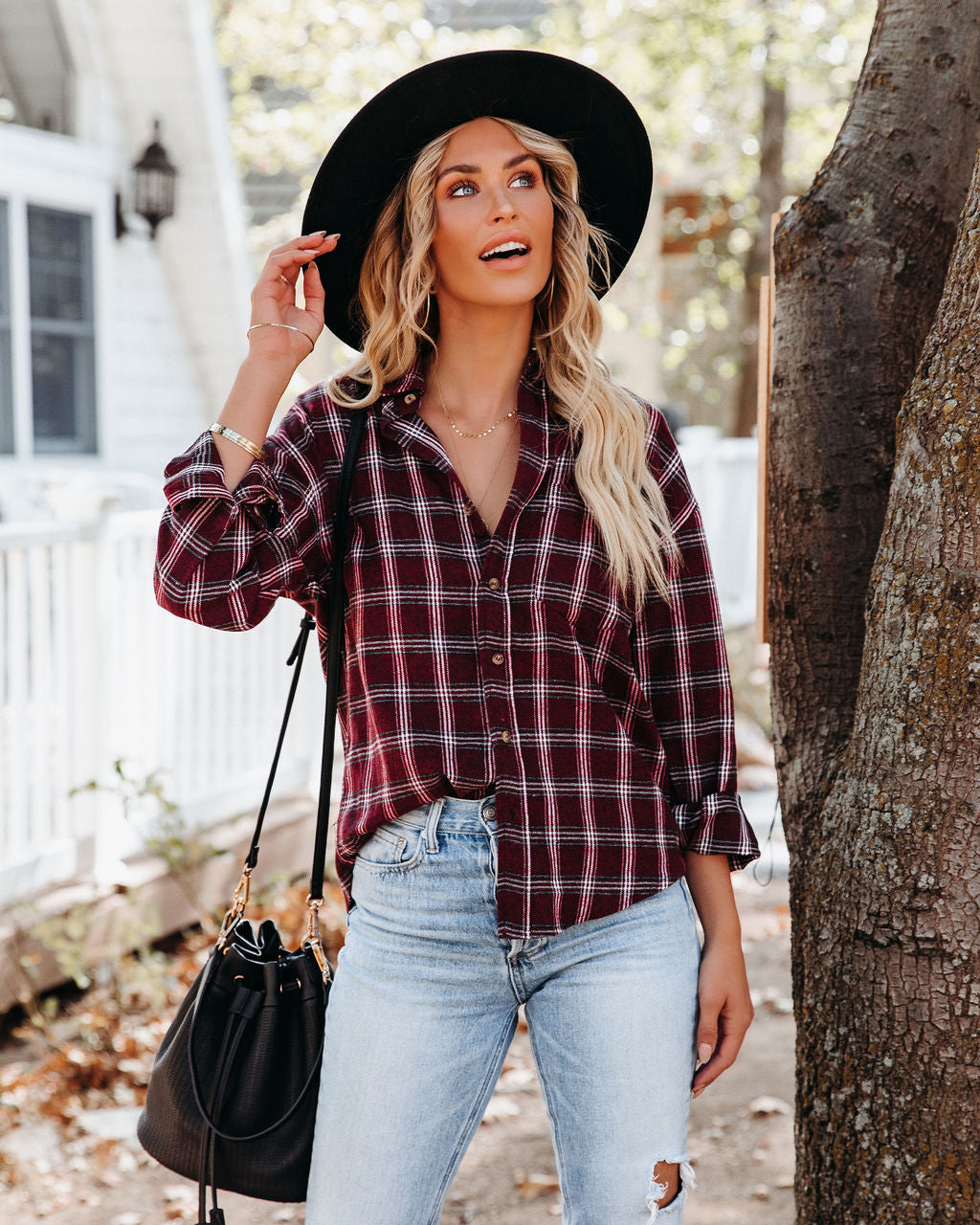 Sienna Cotton Blend Plaid Button Down Top Oshnow