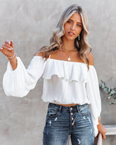 Sincere Balloon Sleeve Cold Shoulder Blouse - White Oshnow