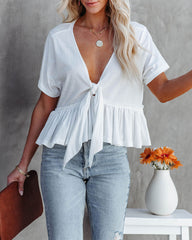 Sira Cotton Blend Tie Front Babydoll Top - White Oshnow