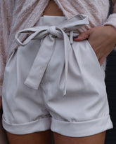 Slay With Sweetness Faux Leather Waist Tie Pocketed Shorts - Ecru Oshnow
