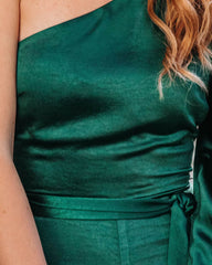 Sleigh Baby Satin One Shoulder Jumpsuit - Hunter Green Oshnow