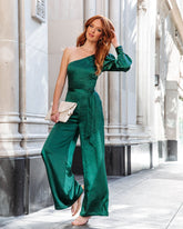Sleigh Baby Satin One Shoulder Jumpsuit - Hunter Green Oshnow