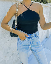 Slick Ribbed Halter Crop Top - Black Oshnow