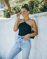 Slick Ribbed Halter Crop Top - Black Oshnow