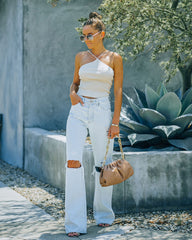 Slick Ribbed Halter Crop Top - Cream Oshnow