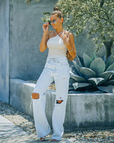 Slick Ribbed Halter Crop Top - Cream Oshnow