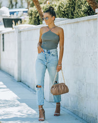 Slick Ribbed Halter Crop Top - Vintage Olive Oshnow