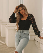 Sofie Crochet Sleeve Knit Bodysuit - Black Oshnow