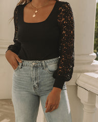 Sofie Crochet Sleeve Knit Bodysuit - Black Oshnow