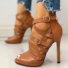 Solid Hollow Out Ankle Strap Thin Heeled Sandals Oshnow