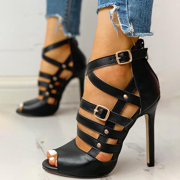 Solid Hollow Out Ankle Strap Thin Heeled Sandals Oshnow